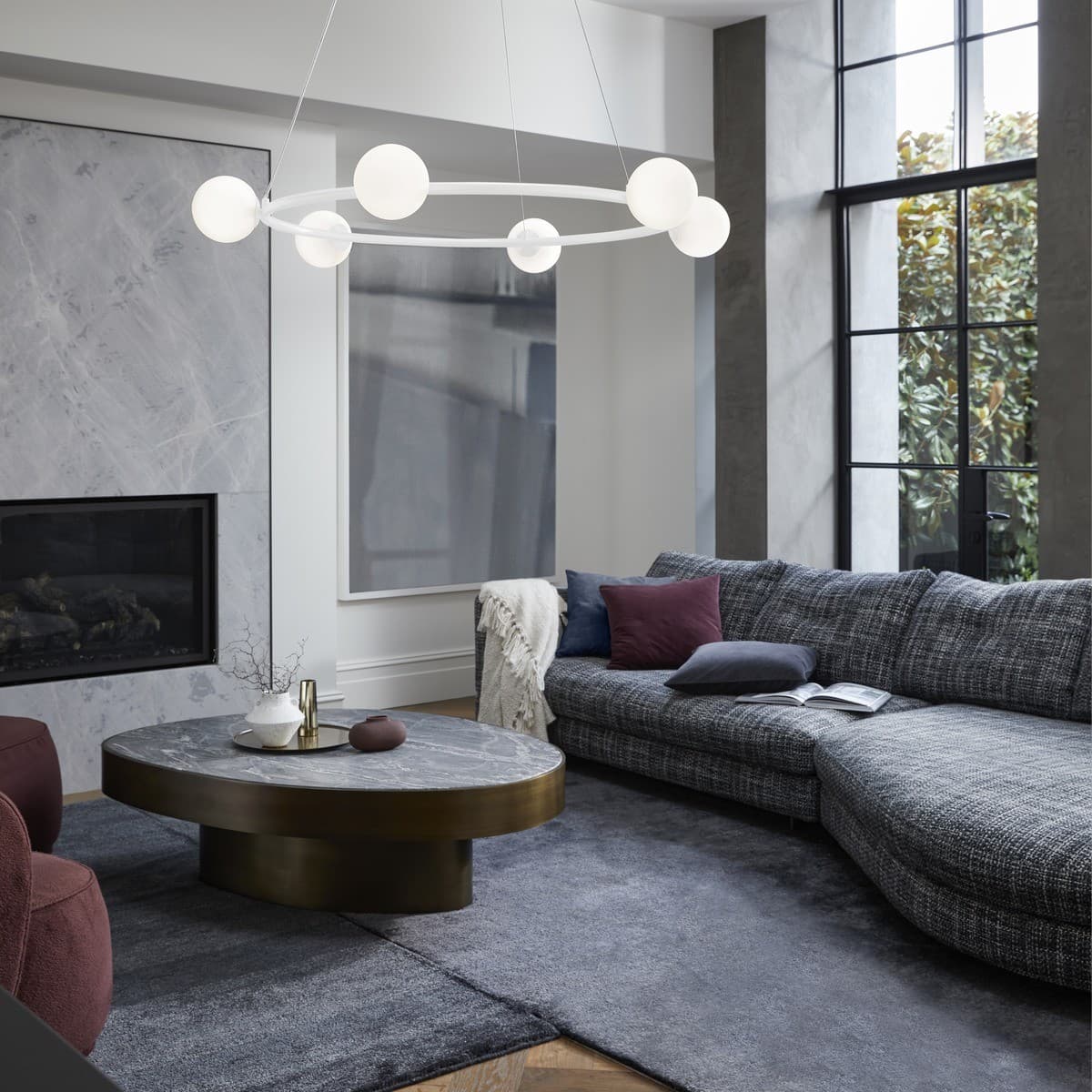 Helix 6 Light Round Pendant in Textured Chalk with Frosted Opal Glass-img-2