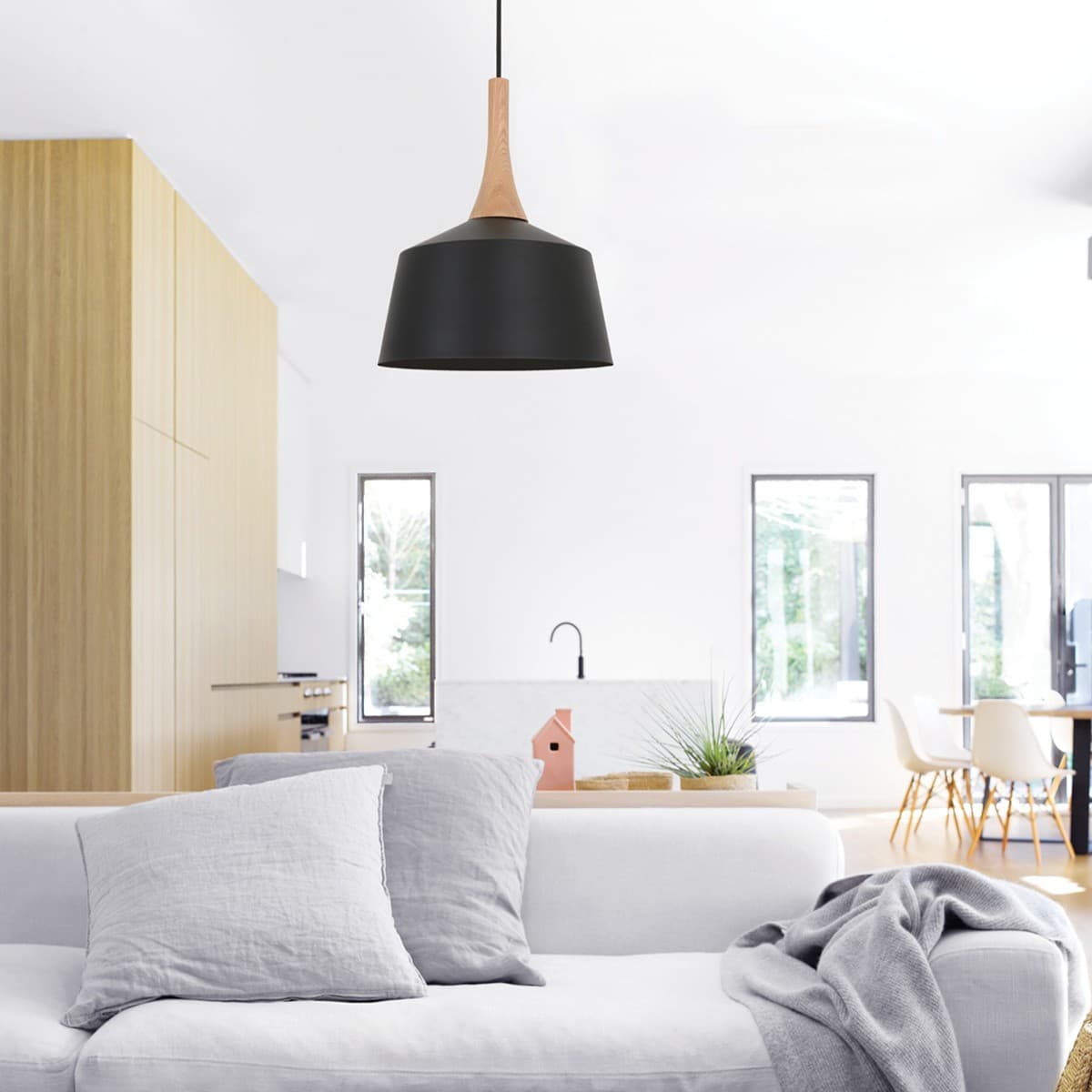 Husk 1 Light 205mm Pendant in Matte Black with Ash Wood-img-2