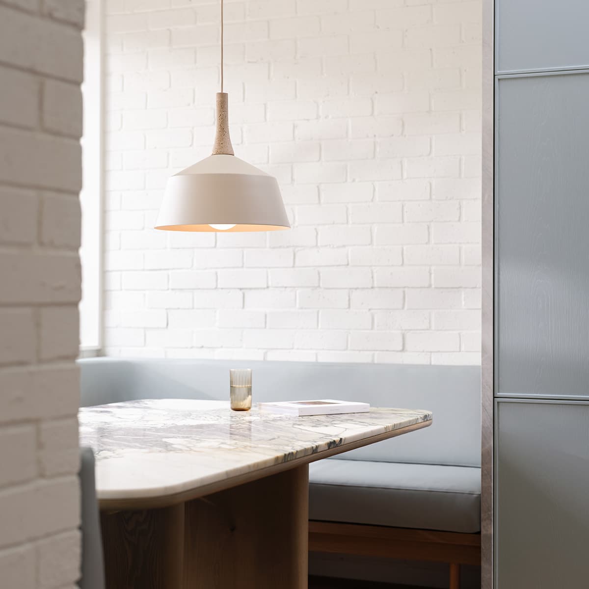Husk 1 Light Medium Pendant in Travertine with Beige Shade