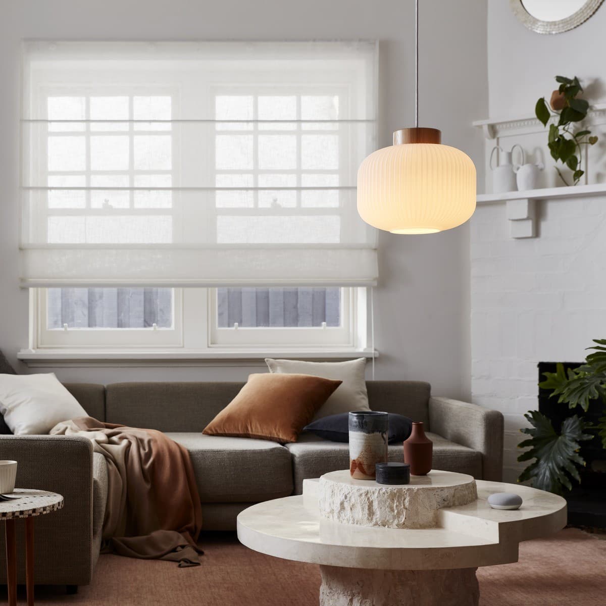 Mele 1 Light Squat Pendant in Frosted Opal Glass with Ash Wood-img-6