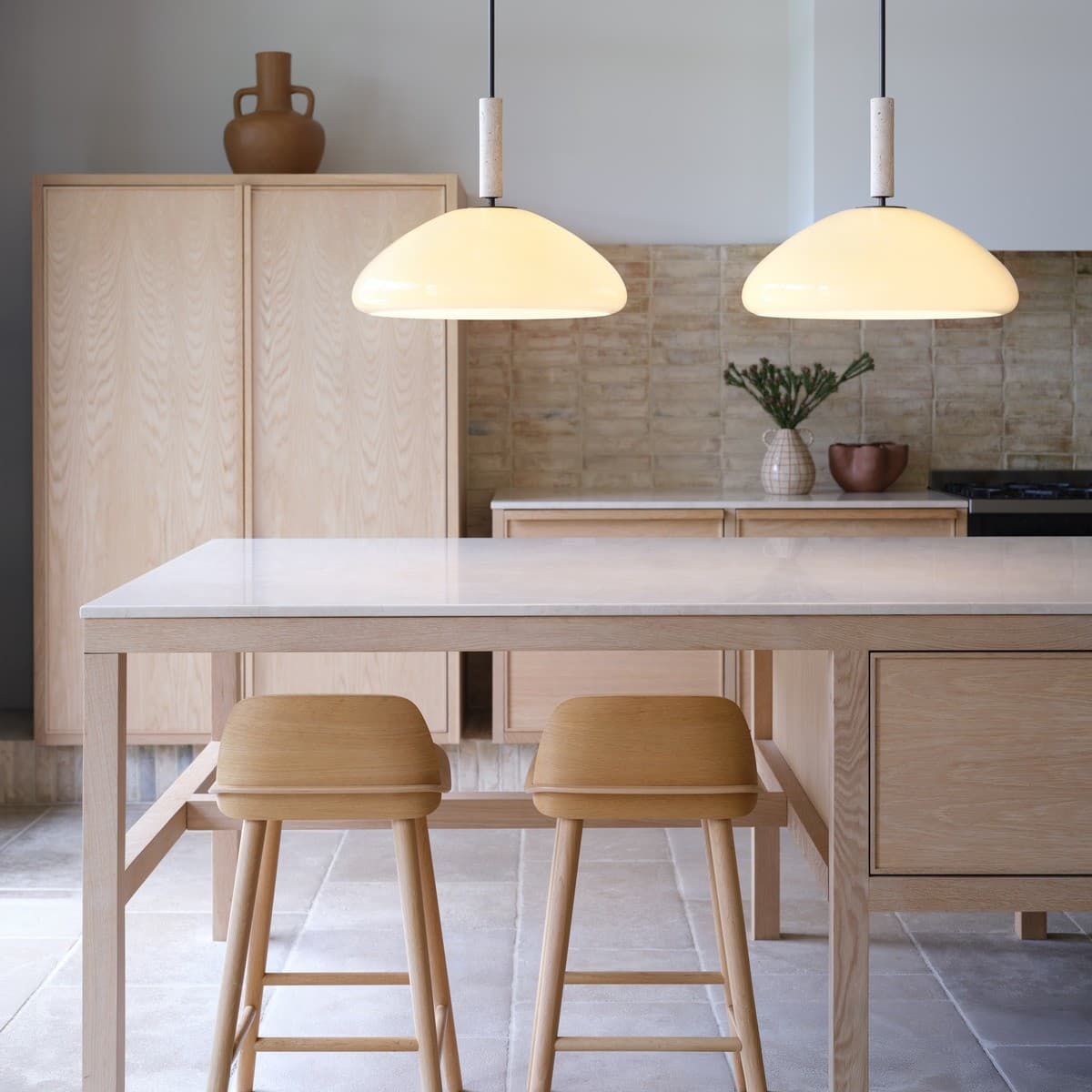 Merci 3 Light Large Pendant in Milk Glass with Bronze and Natural Travertine Detail-img-4