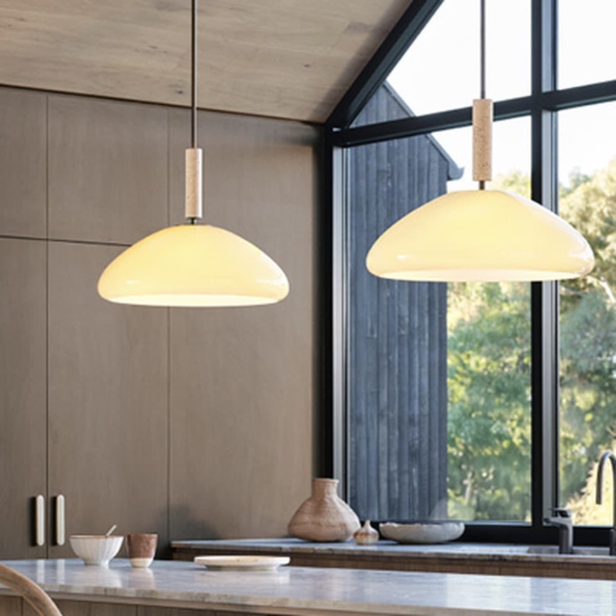 Merci 3 Light Large Pendant in Milk Glass with Bronze and Natural Travertine Detail-img-5