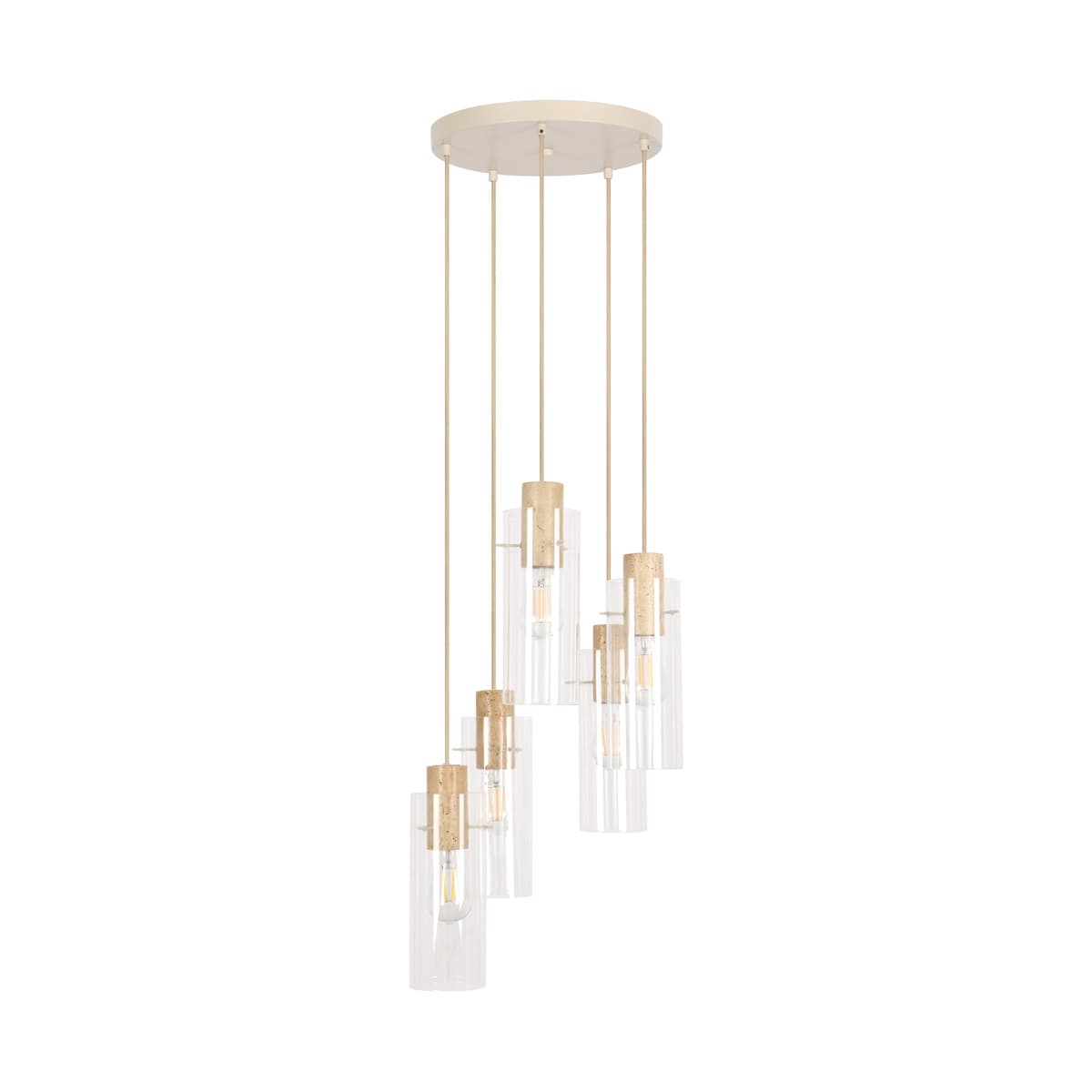 Auckland 5 Light Pendant in Beige with Travertine and Clear Glass