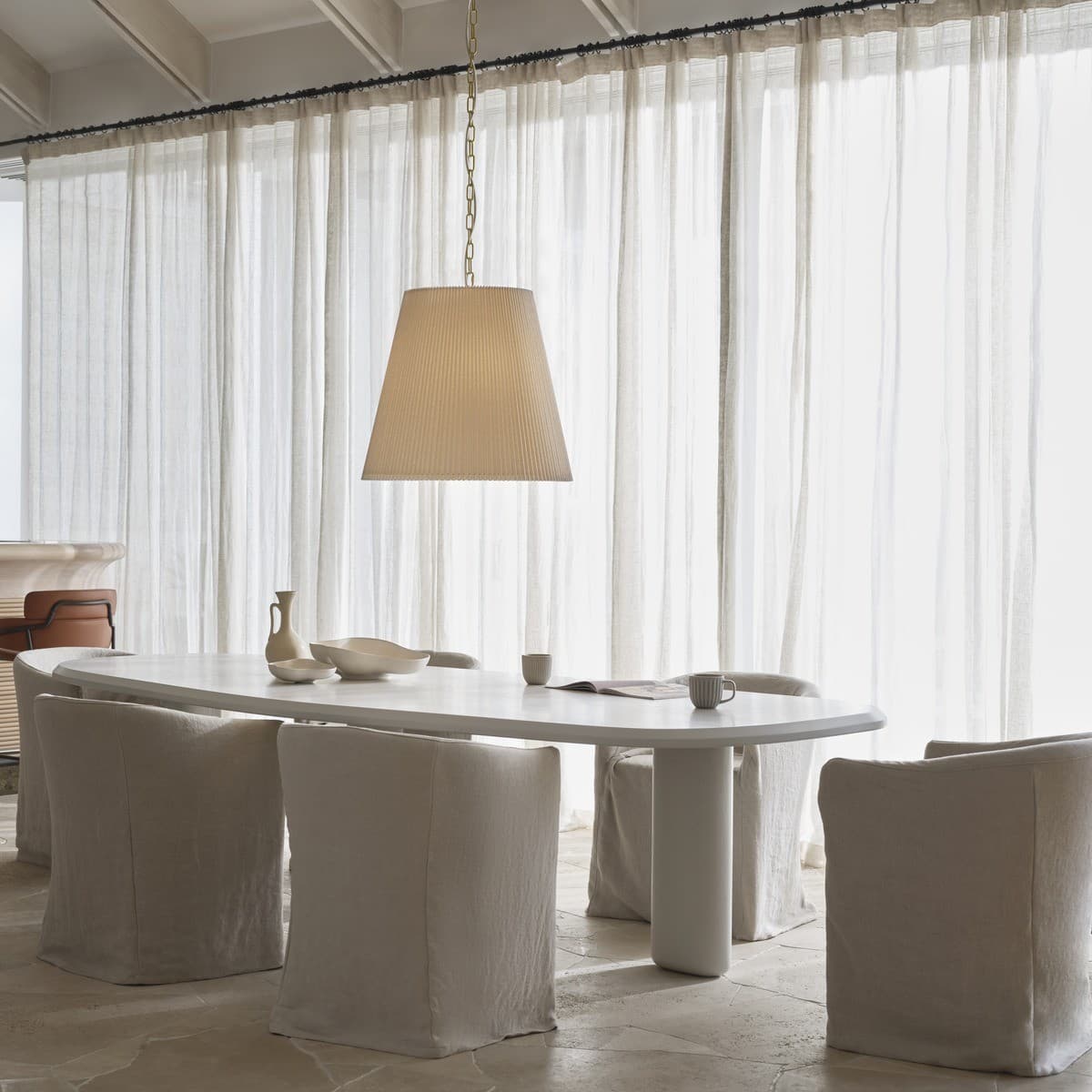 Amici 3 Light Pendant in Aged Brass with Pleated White Linen