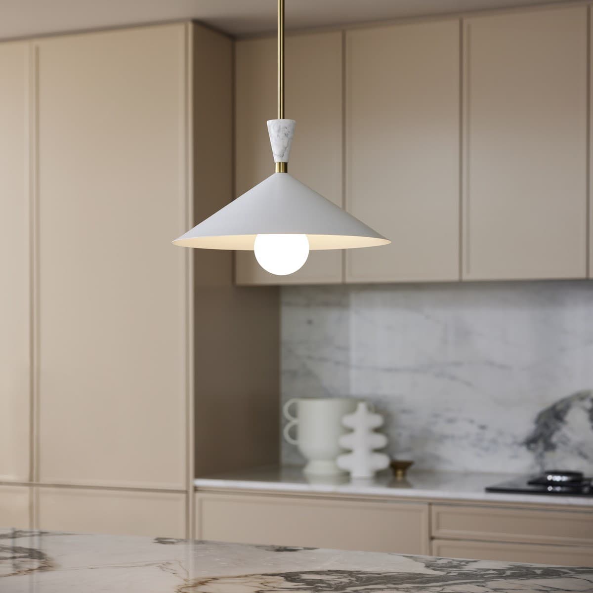 Campari 1 Light Pendant in White with White Marble and Brass Details-img-3