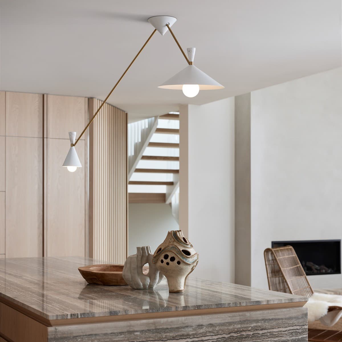 Campari 2 Light Pendant in White with White Marble and Brass Details-img-2