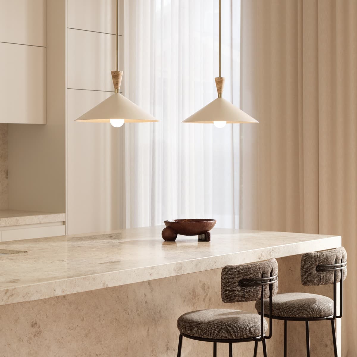 Campari 1 Light Pendant in Beige with Natural Travertine and Aged Brass Details-img-2