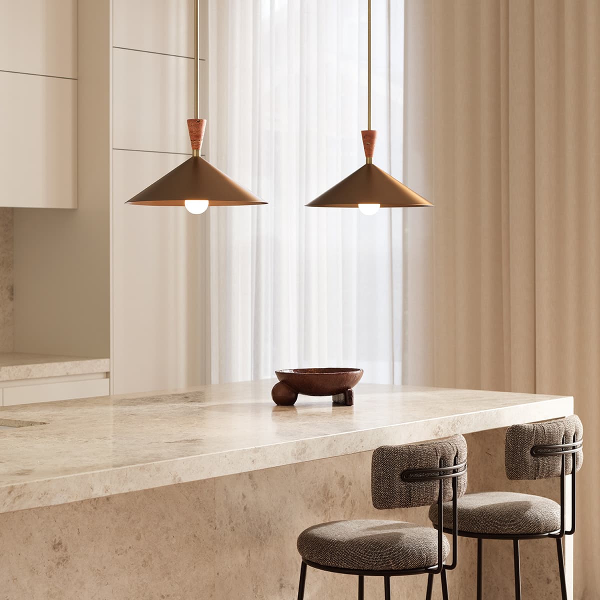 Campari 1 Light Pendant in Brushed Copper with Rose Travertine and Antique Brass Details-img-2