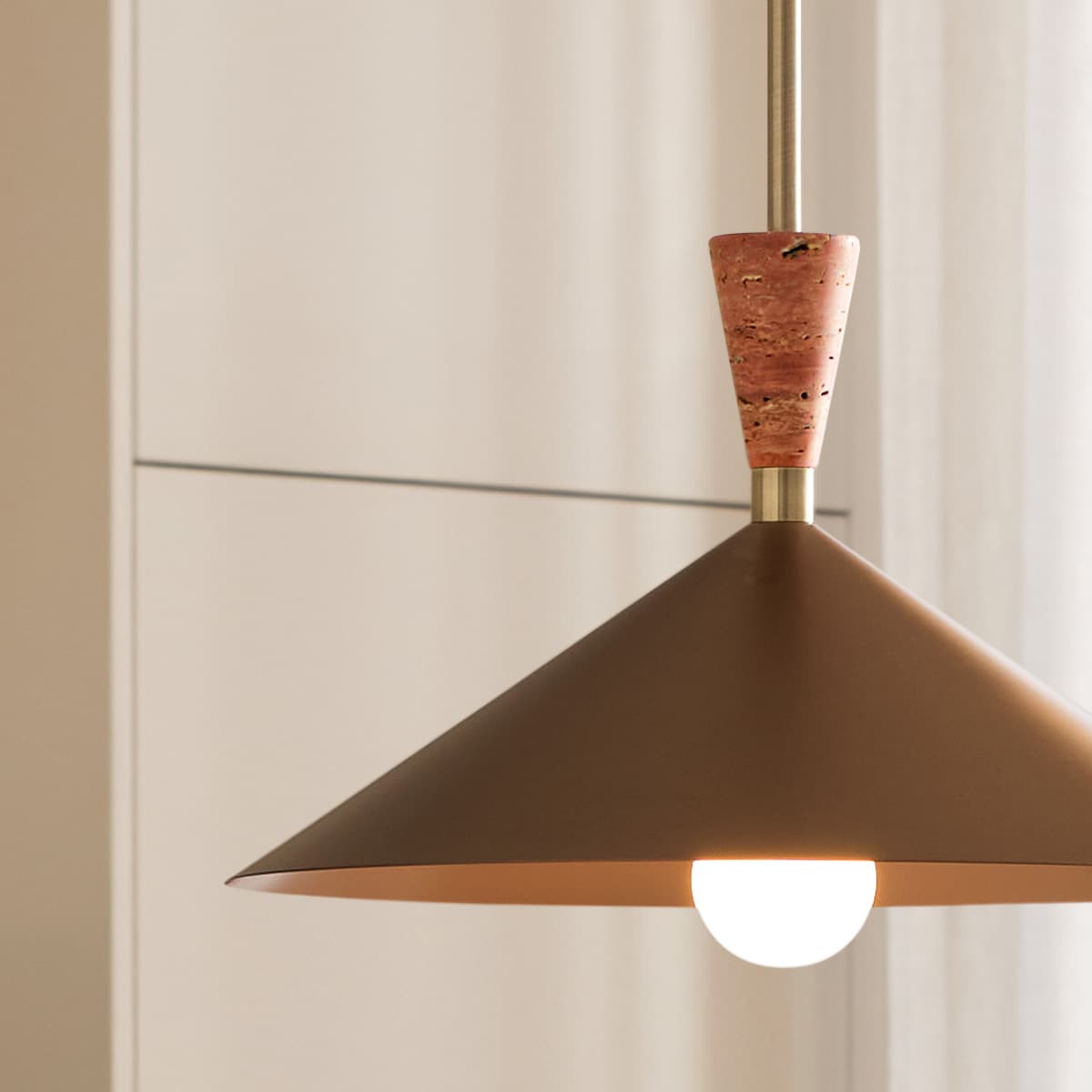 Campari 1 Light Pendant in Brushed Copper with Rose Travertine and Antique Brass Details-img-3