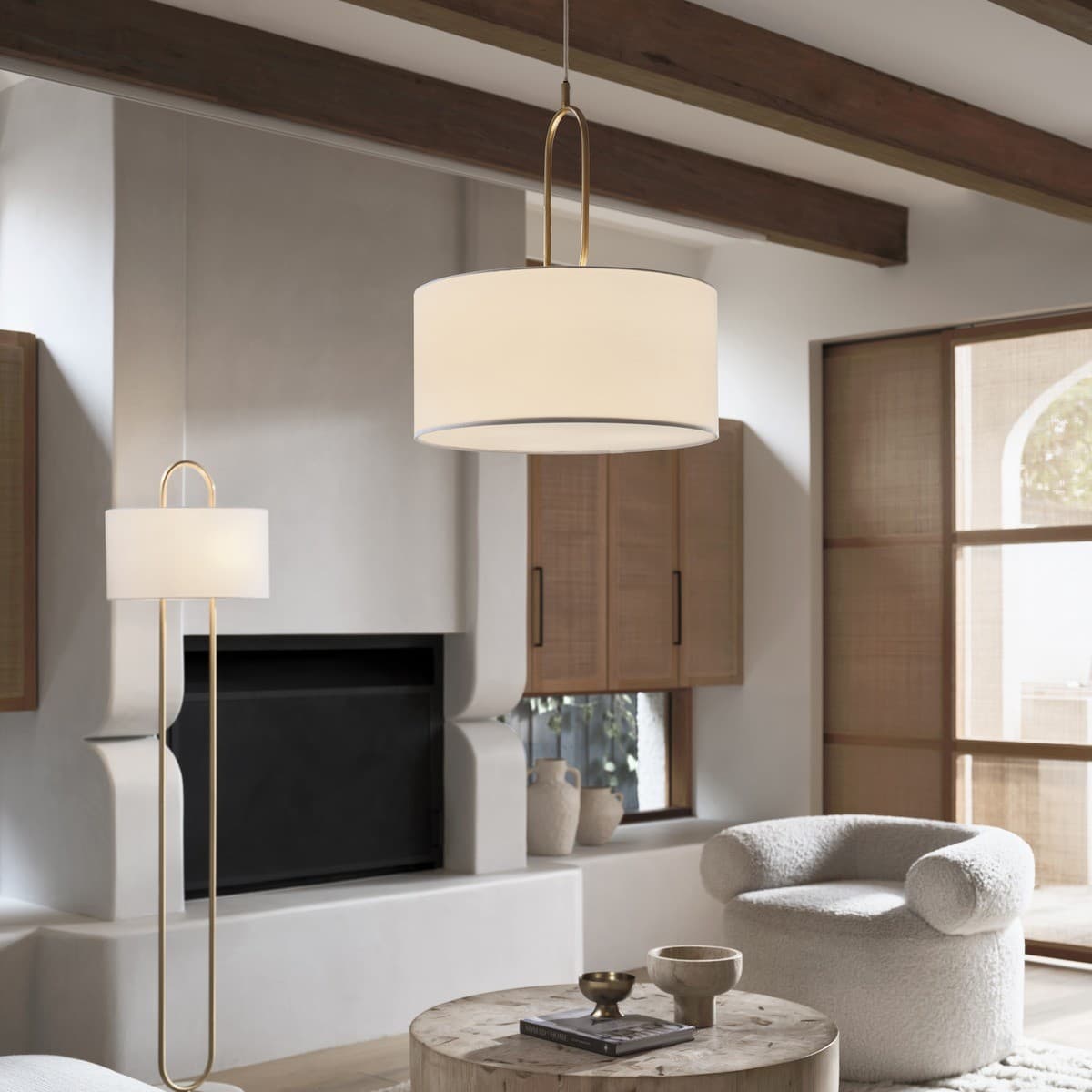 Florence 3 Light Pendant in Aged Brass with White Linen-img-2