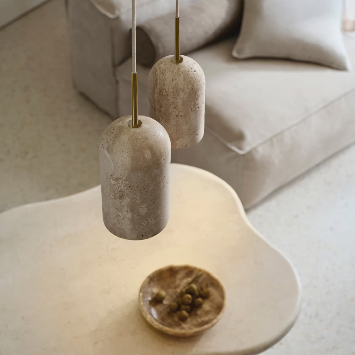 Made by Mayfair Rhodes 1 Light Small Pendant in Natural Travertine with Aged Brass Details-img-2