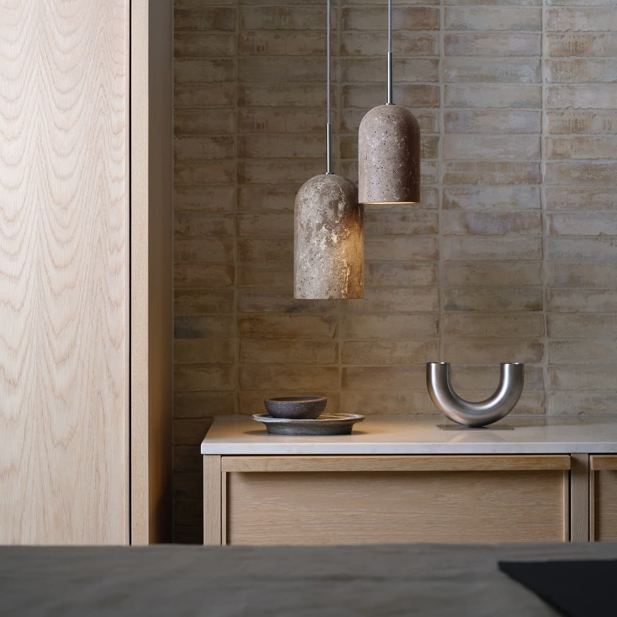 Made by Mayfair Rhodes 1 Light Large Pendant in Silver Travertine with Brushed Nickel Details-img-2