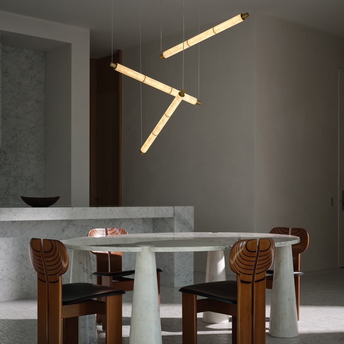 Made by Mayfair Cadence 3 Light LED Colour Switching Trapeze Pendant in Aged Brass with Spanish Alabaster-img-3