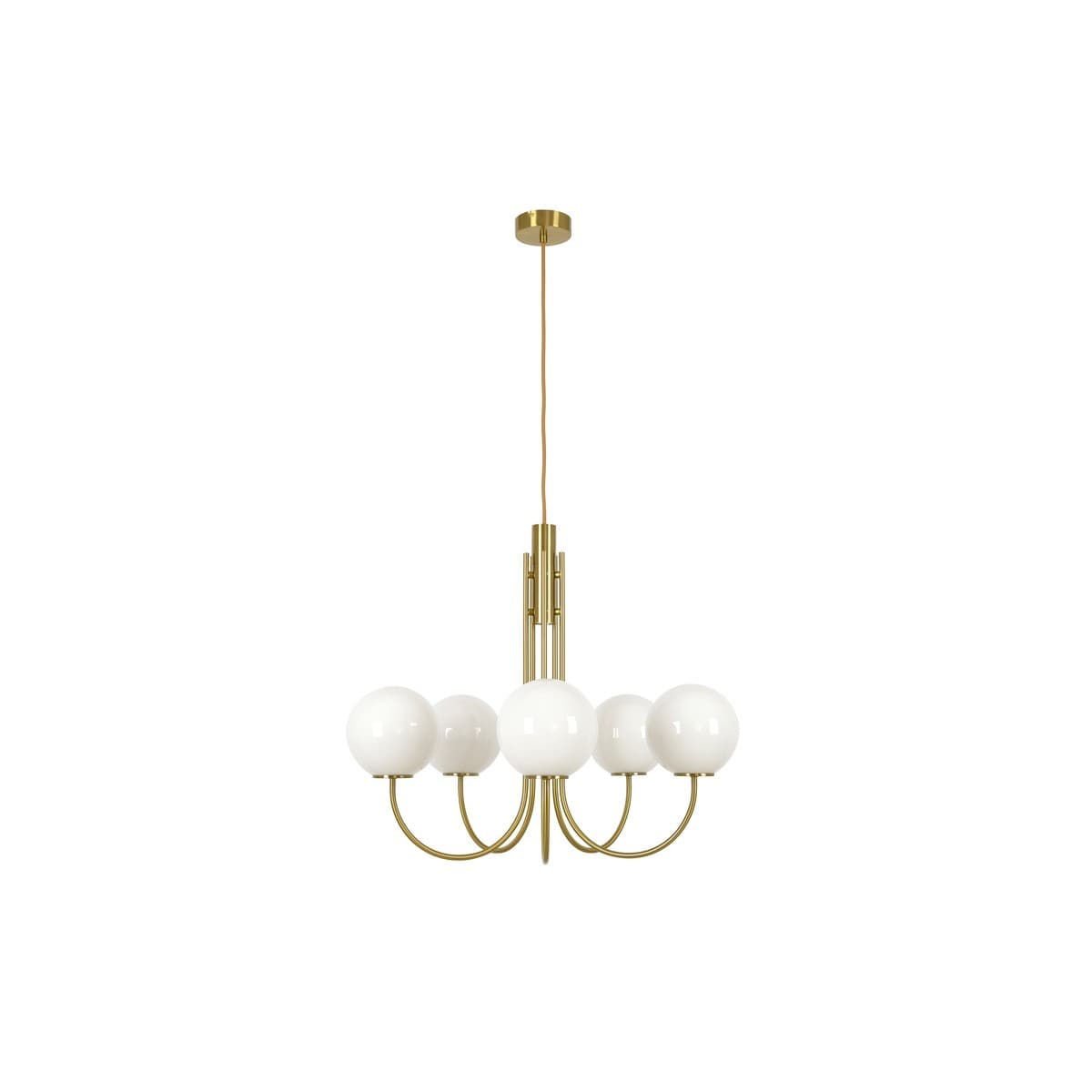 Bellini 5 Light Pendant in Aged Brass with Gloss Opal Glass
