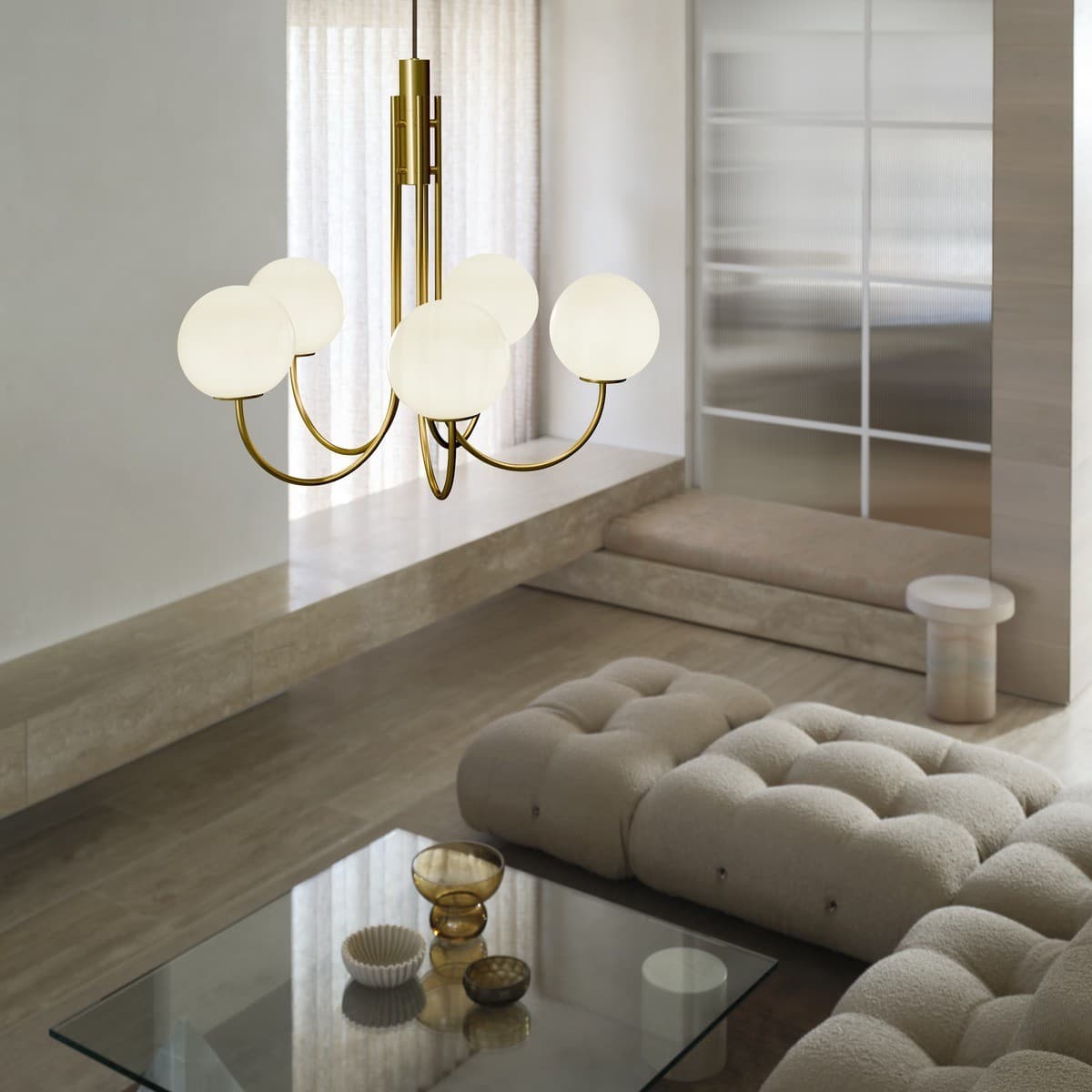 Bellini 5 Light Pendant in Aged Brass with Gloss Opal Glass