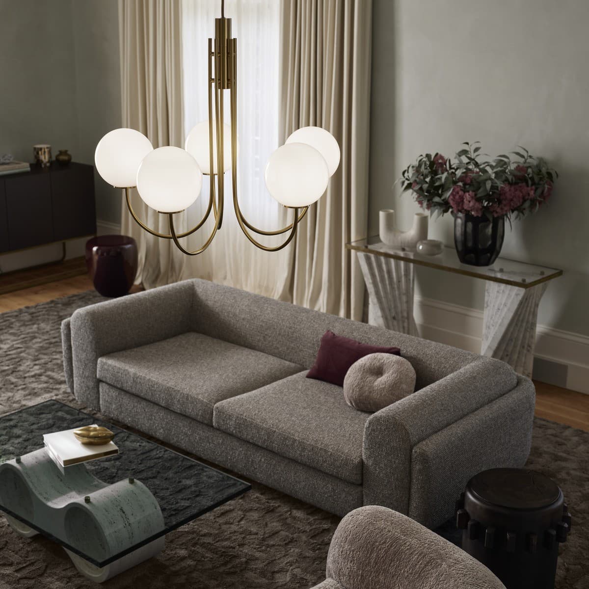 Bellini 5 Light Pendant in Aged Brass with Gloss Opal Glass