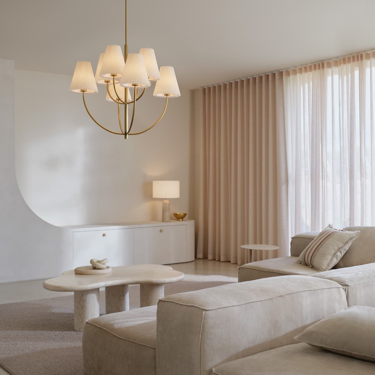 Hoxton 8 Light Pendant in Aged Brass with Pleated White Linen