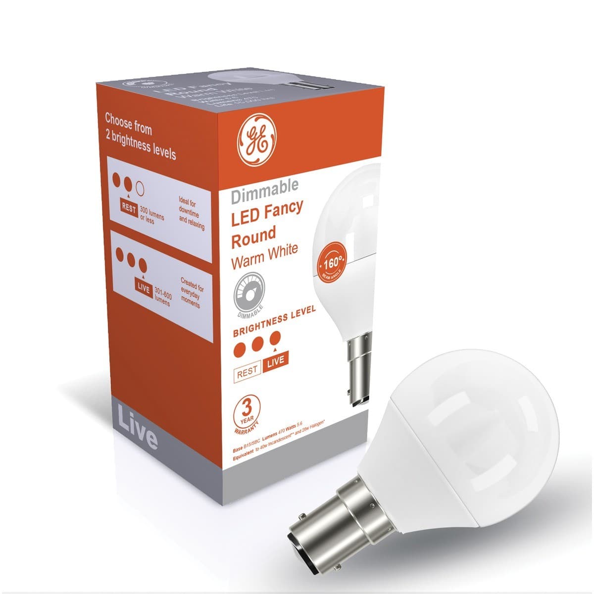 GE 5.6W Lustre LED Frosted SBC Dimmable Fancy Round Globe in Warm White-img-3