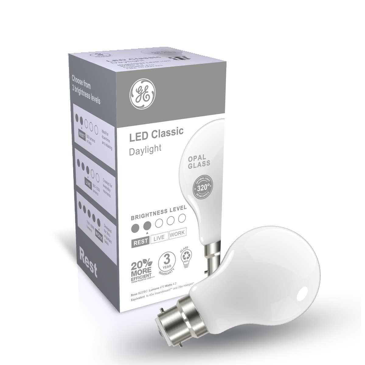 GE 4.3W Glass Opal BC LED GLS Globe in Day Light
