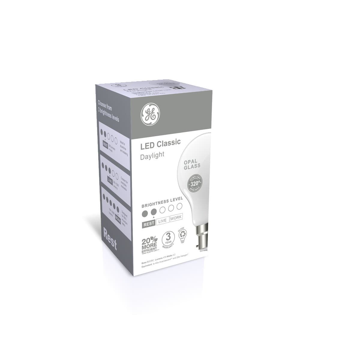 GE 4.3W Glass Opal BC LED GLS Globe in Day Light