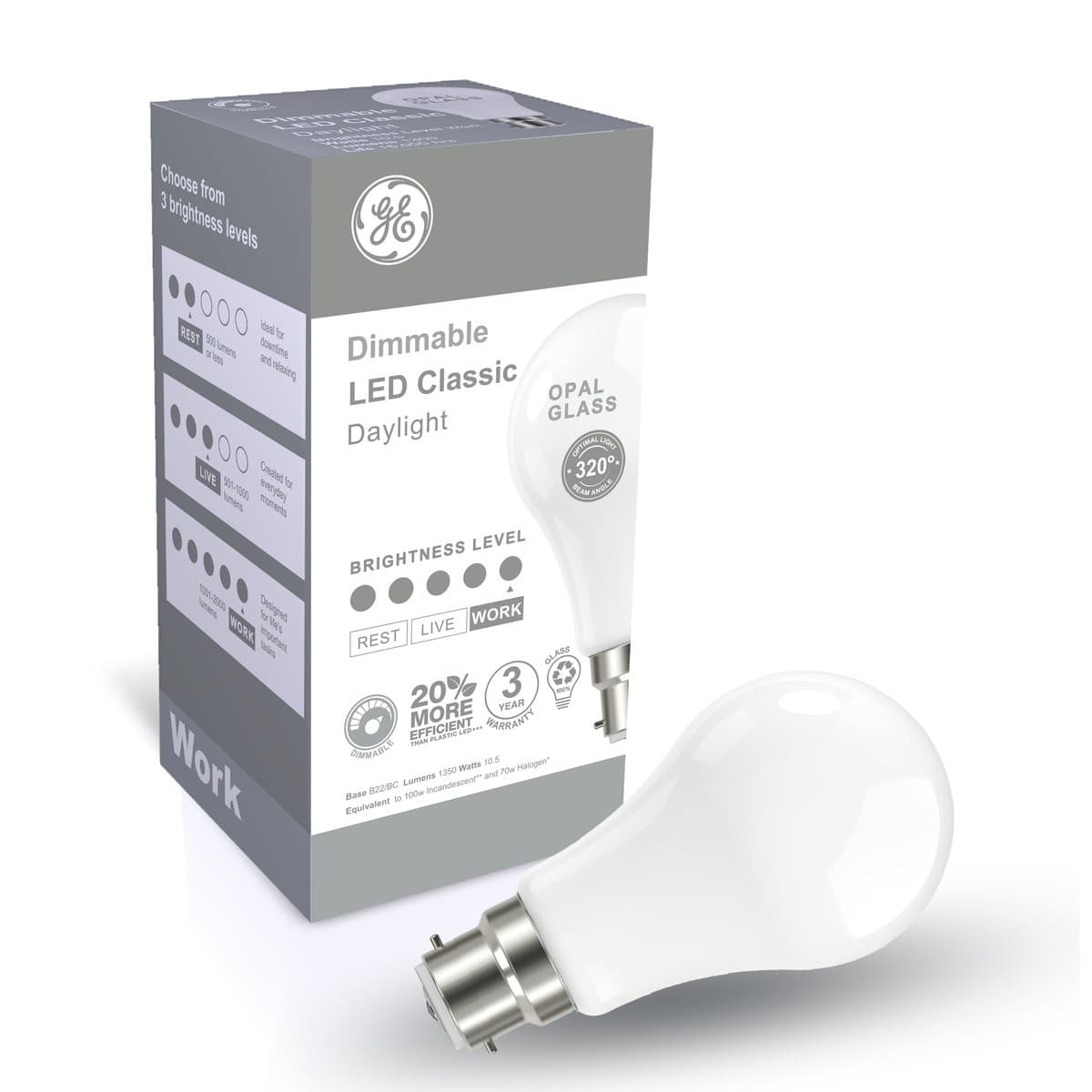 GE 10.5W Glass Opal BC LED GLS Dimmable Globe in Day Light-img-3