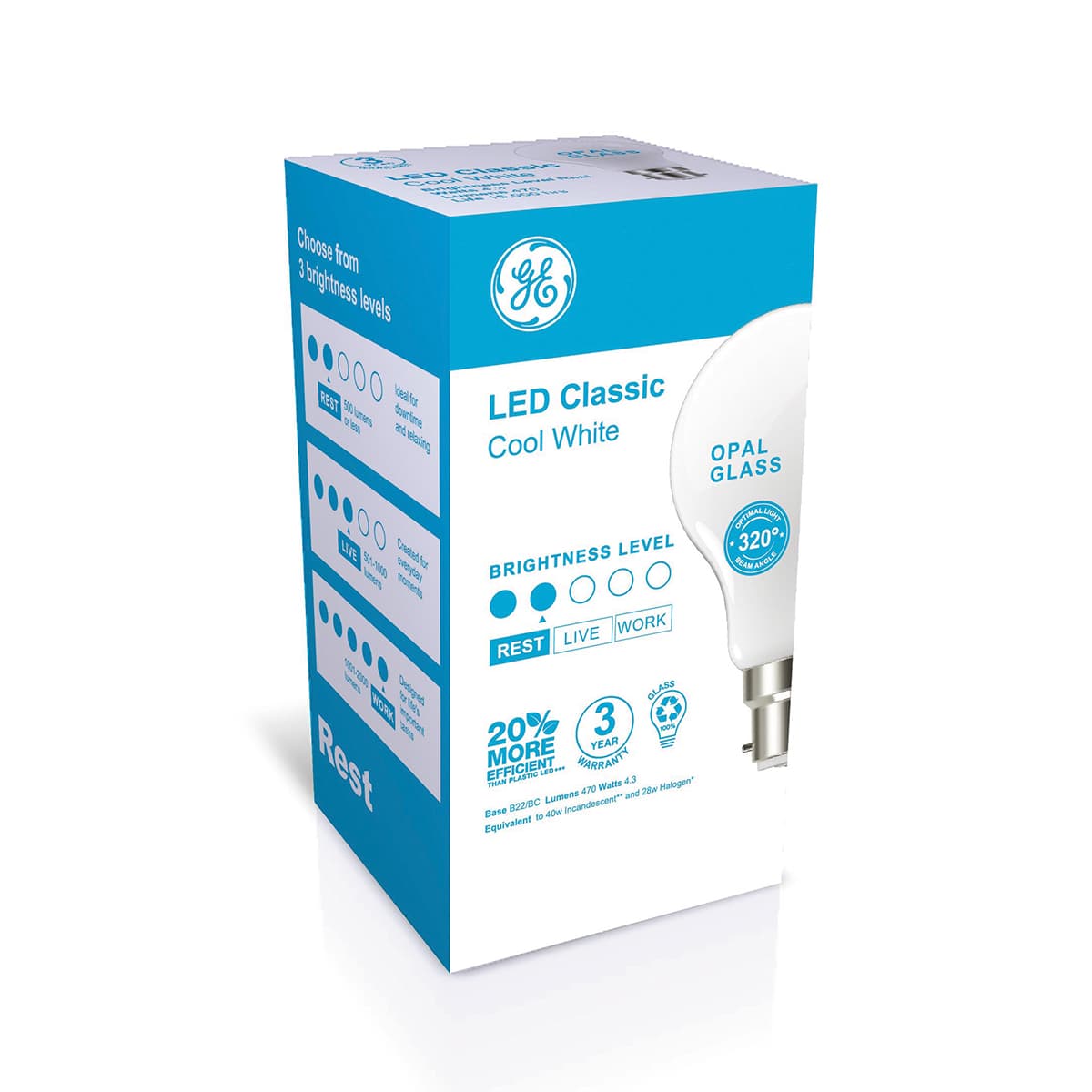 GE 4.3W Glass Opal BC LED GLS Globe in Cool White-img-2