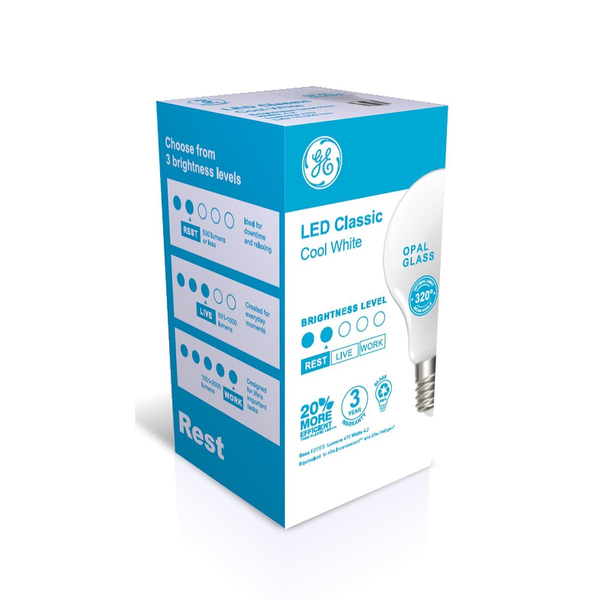 GE 4.3W Glass Opal ES LED GLS Globe in Cool White