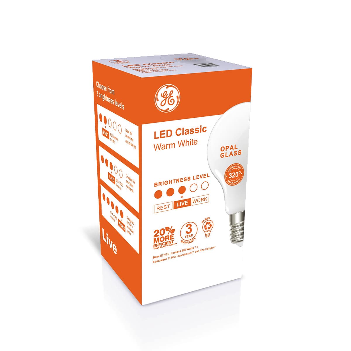 GE 6.5W Glass Opal ES LED GLS Globe in Warm White-img-2