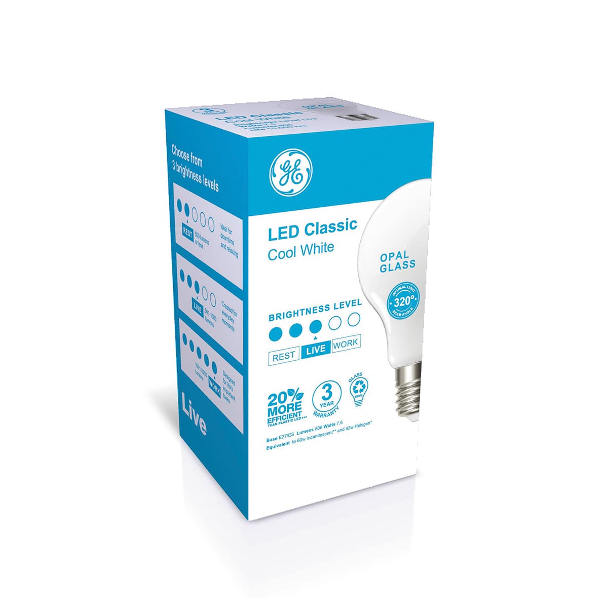 GE 7.5W Glass Opal ES LED GLS Globe in Cool White
