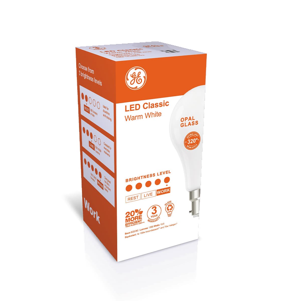 GE 10.5W Glass Opal BC LED GLS Globe in Warm White-img-2