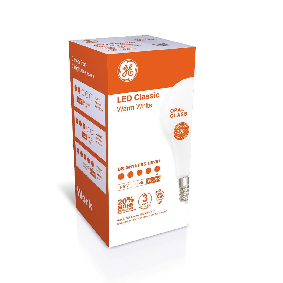 GE 10W Glass Opal ES LED GLS Globe in Warm White