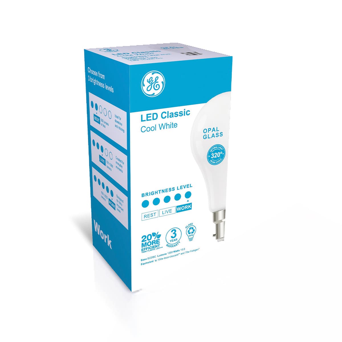 GE 10.5W Glass Opal BC LED GLS Globe in Cool White-img-2