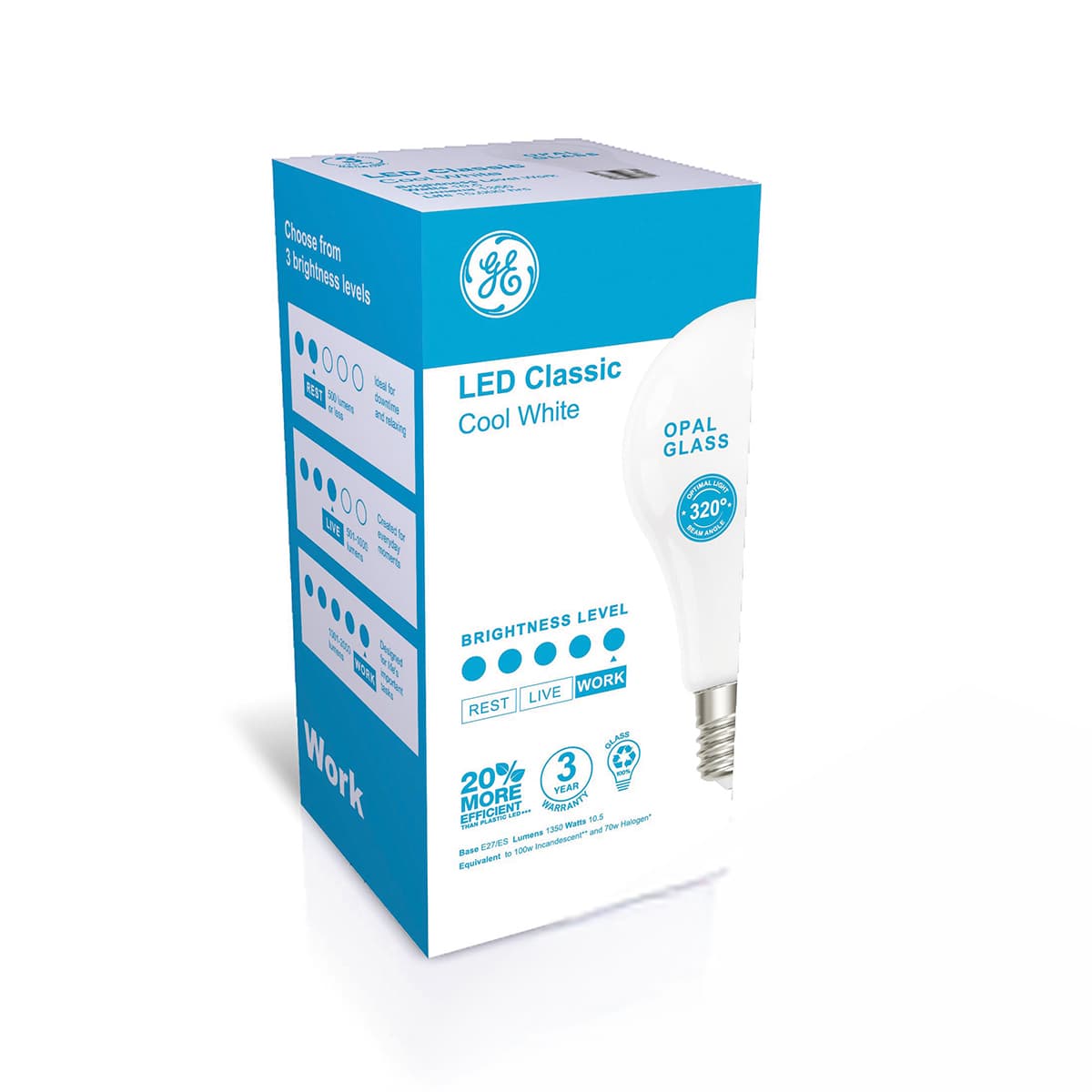 GE 10W Glass Opal ES LED GLS Globe in Cool White