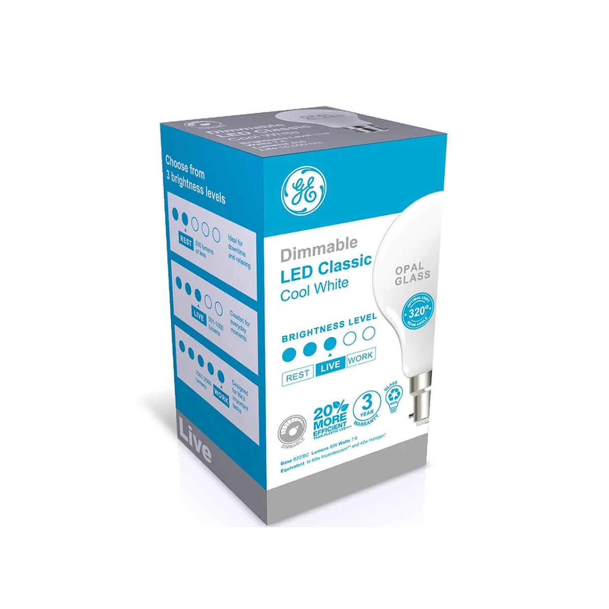 GE 7.6W Glass Opal Dimmable LED GLS BC Globe in Cool White-img-2