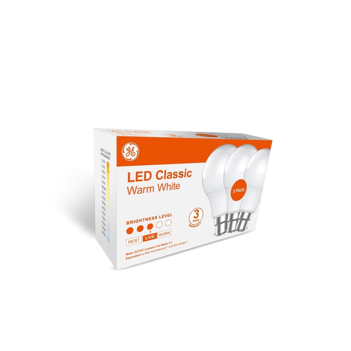GE Classic 3 Pack 8W BC LED Globe in Warm White