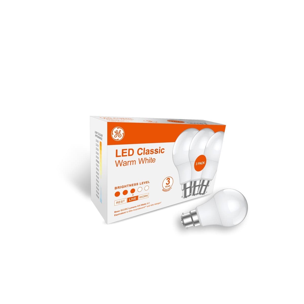 GE Classic 3 Pack 8W BC LED Globe in Warm White