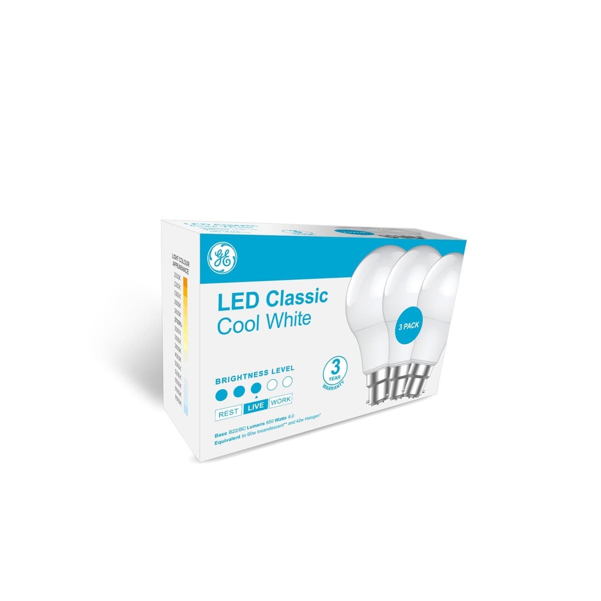 GE Classic 3 Pack 8W BC LED Globe in Cool White