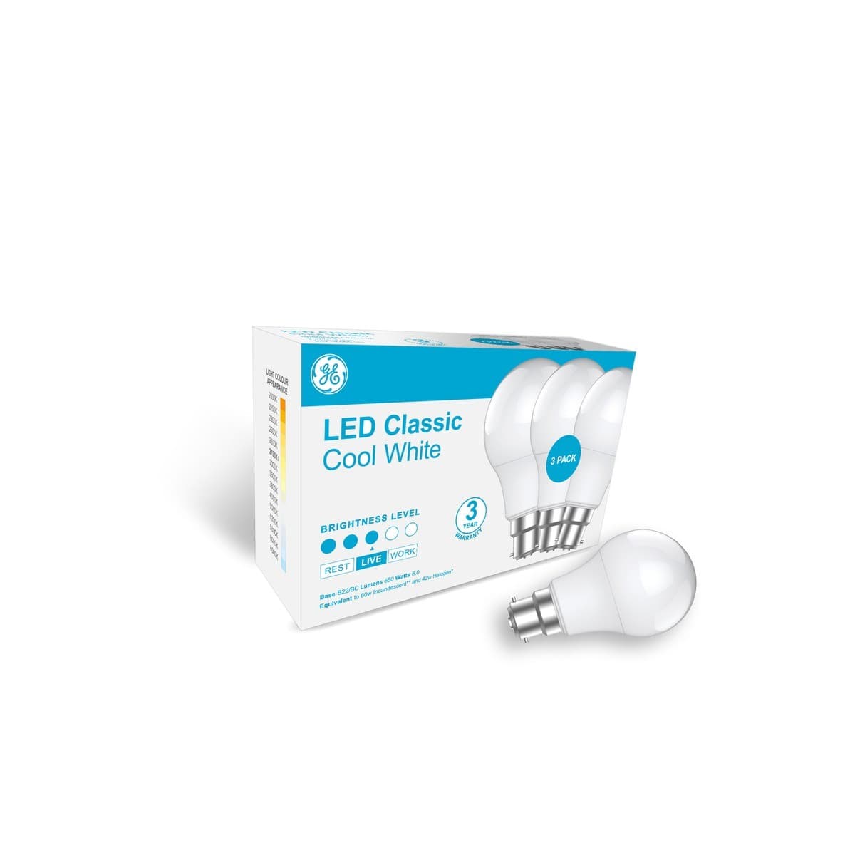 GE Classic 3 Pack 8W BC LED Globe in Cool White