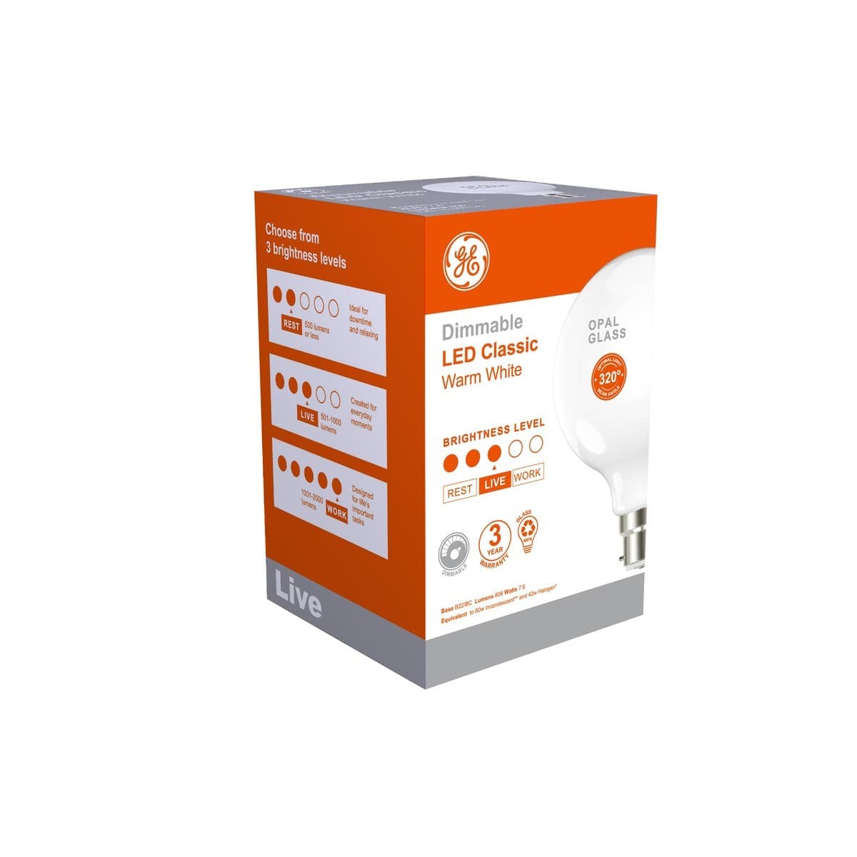 GE 7.6W Glass Opal Dimmable LED G95 BC Globe in Warm White-img-2