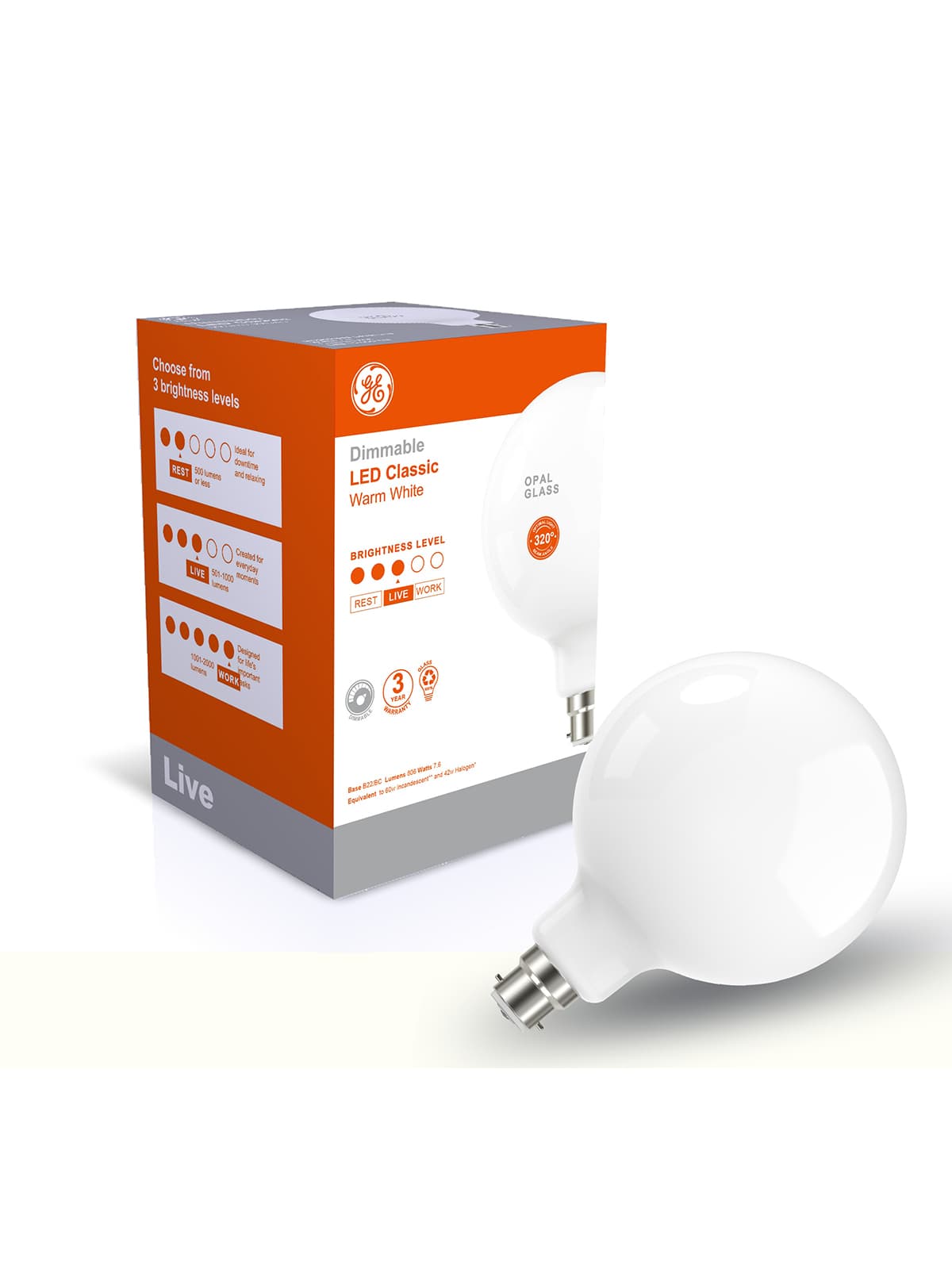 GE 7.6W Glass Opal Dimmable LED G125 BC Globe in Warm White-img-1