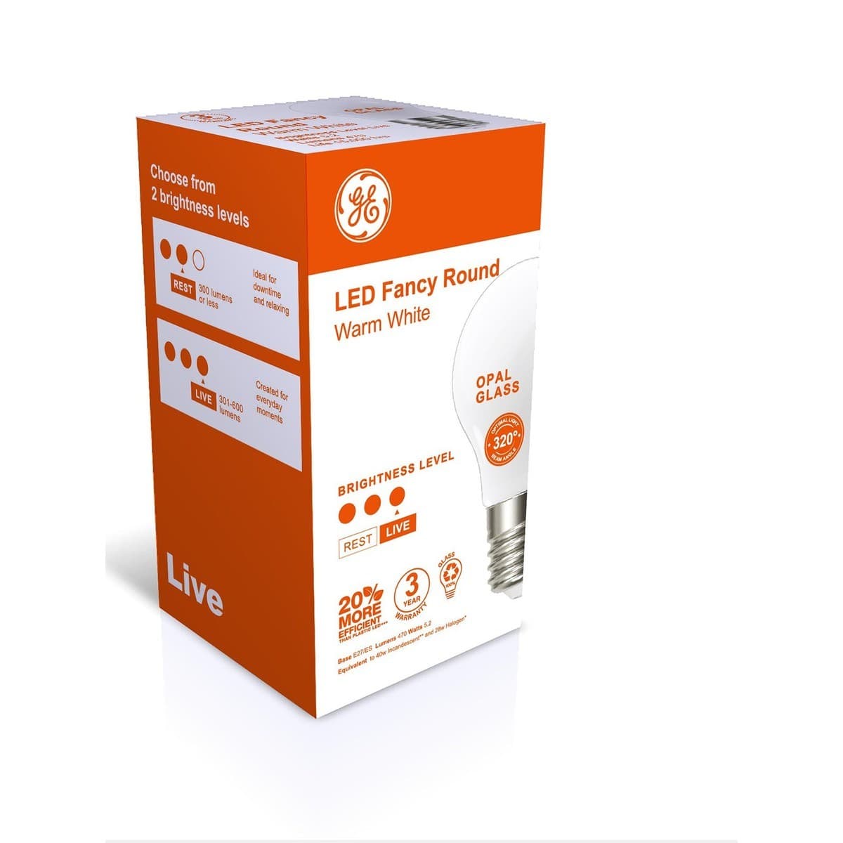GE 5.2W LED Opal ES Fancy Round Warm White Globe