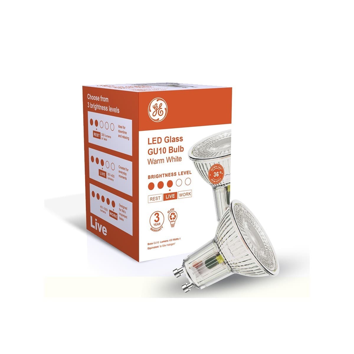 GE 4W 400 Lumen LED Glass GU10 Globe in Warm White