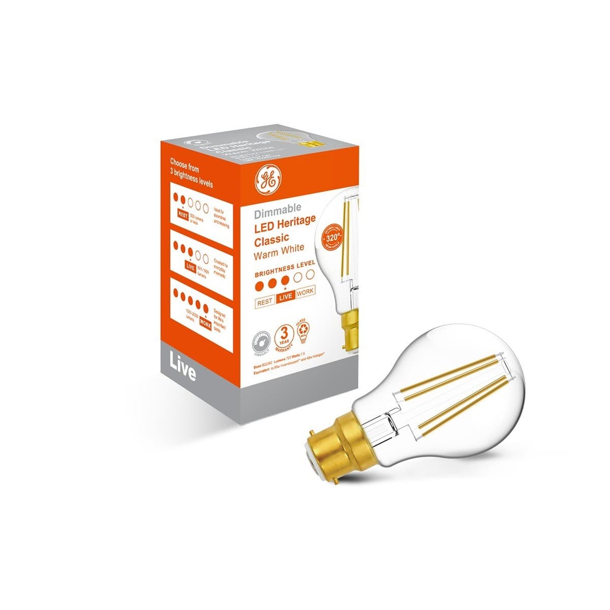 GE 7.5W Heritage LED GLS BC Globe in Warm White