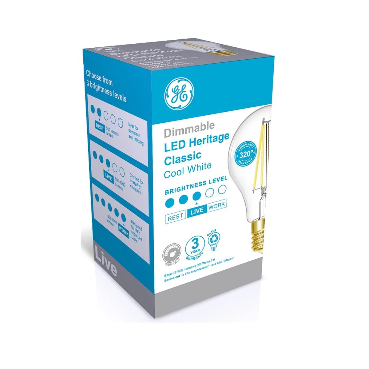 GE 7.5W Heritage Dimmable LED GLS ES Globe in Cool White-img-2