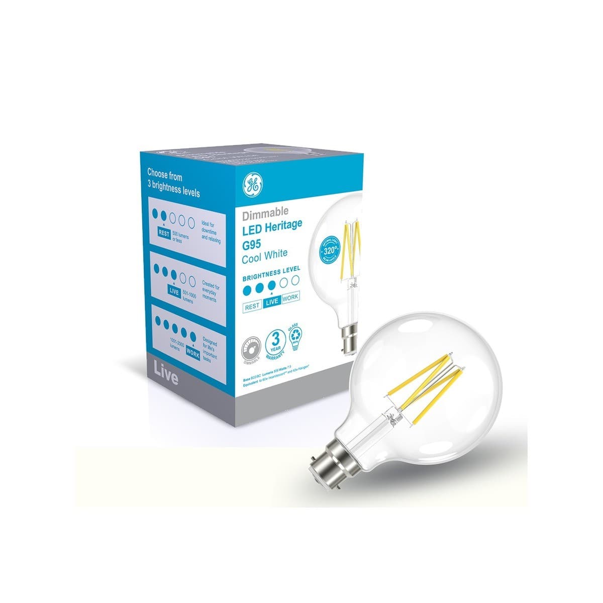 GE 7.5W Clear Dimmable LED G95 BC Globe in Cool White-img-1