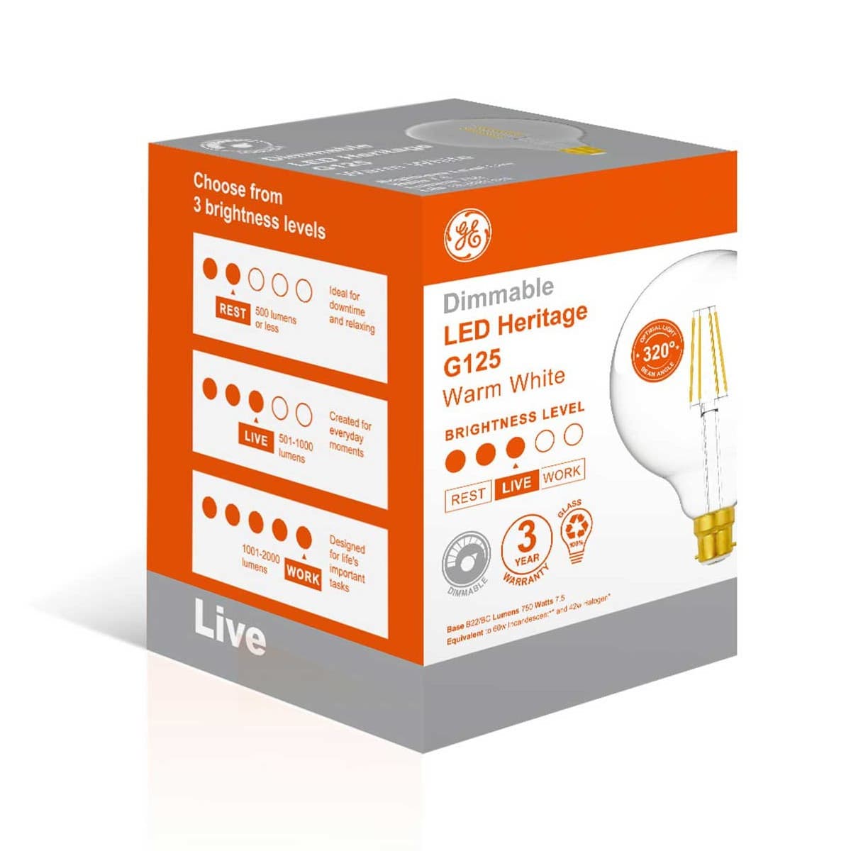 GE 7.5W Heritage Dimmable LED G125 BC Globe in Warm White-img-2