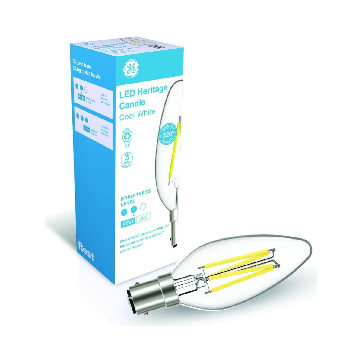 GE 2.7W Heritage LED Candle SBC Globe in Cool White