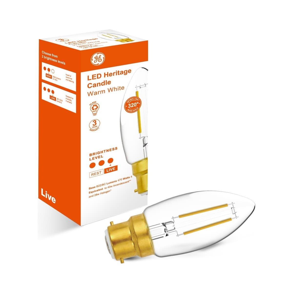 GE 4W Heritage LED Candle BC Globe in Warm White-img-2