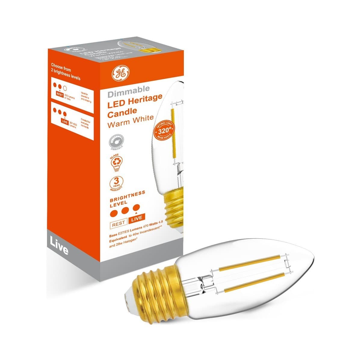 GE 4.8W Heritage Dimmable LED Candle ES Globe in Warm White-img-2