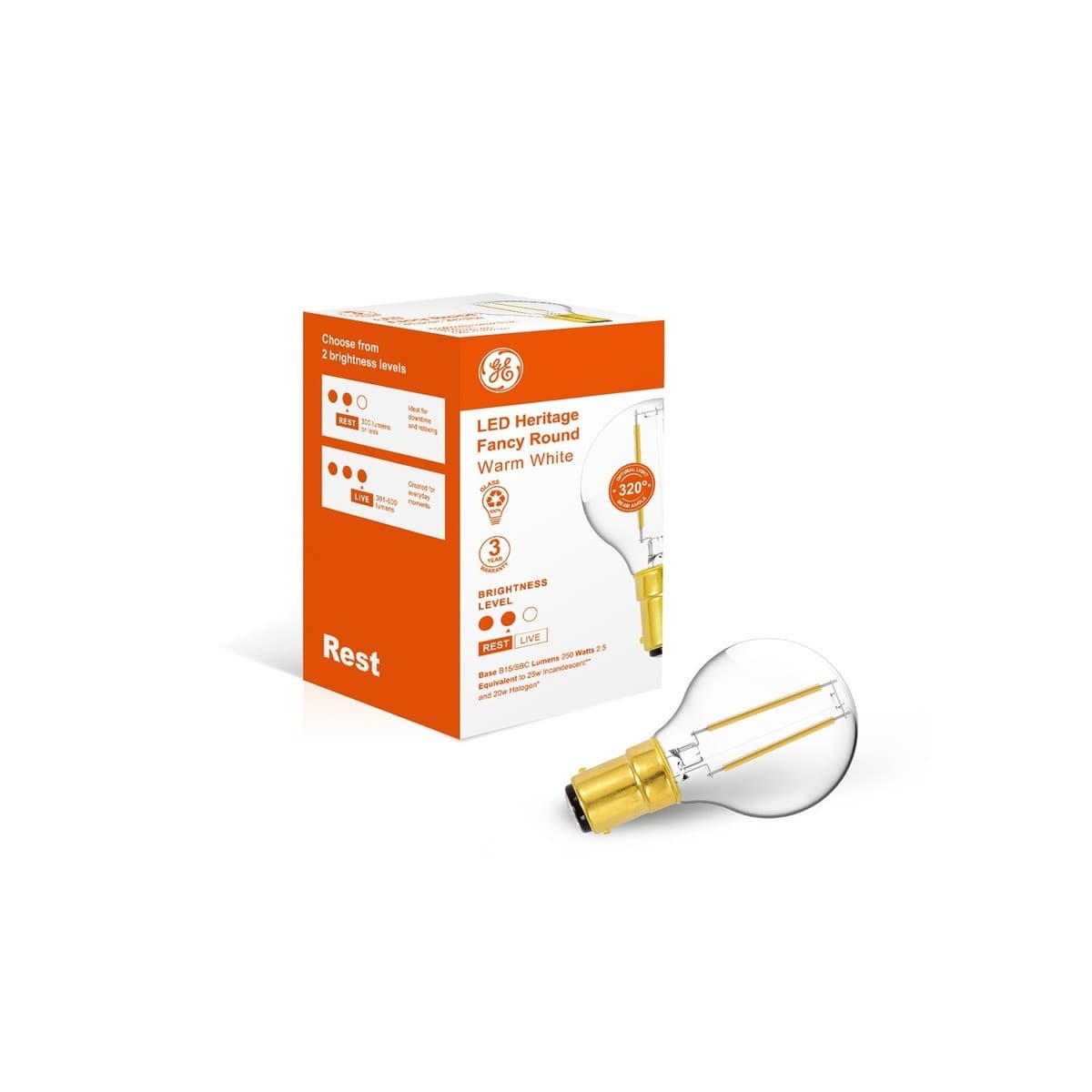 GE 2.5W Heritage LED Candle SBC Globe in Warm White